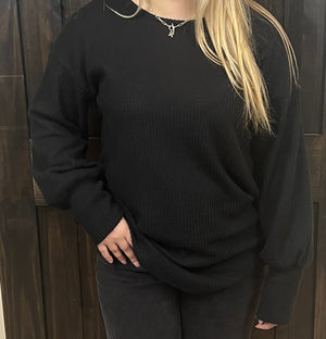 Black Waffle Long Sleeve Sweater Top