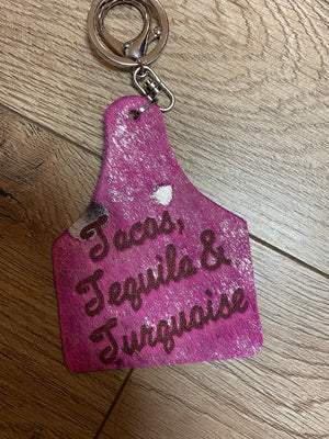 Ear Tag Keychain- Tacos, Tequila & Turquoise (Pink)