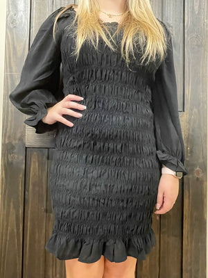 Puff Sleeve Ruffle Hem Shirred Dress- Black