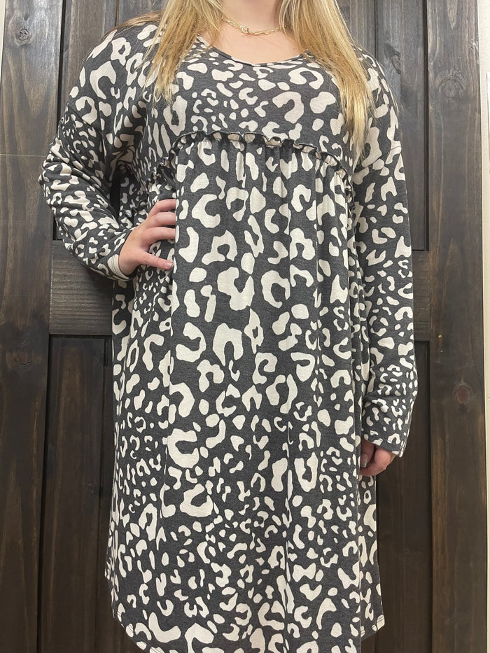Babydoll Ruffle Charcoal Leopard Dress