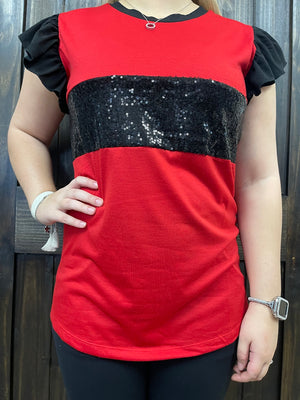 Red & Black Ruffle Sequence Top