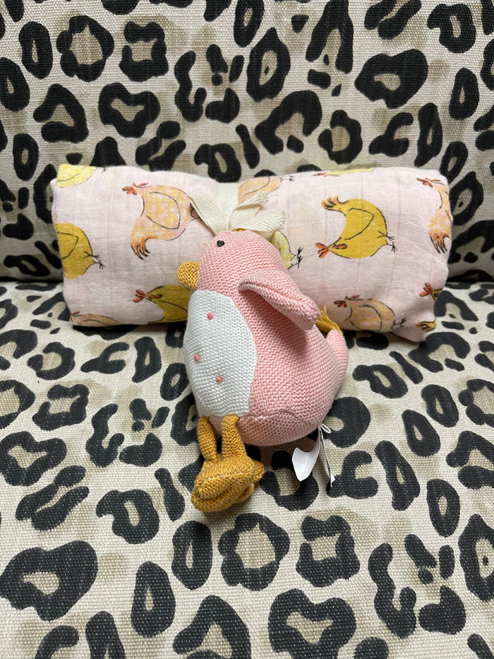 Swaddle & Rattle Set- Pink Chick
