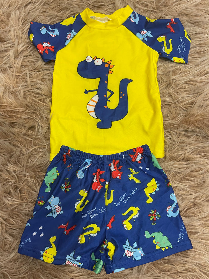 Boy Kids Swimsuit- Yellow & Blue Dinosaur Set