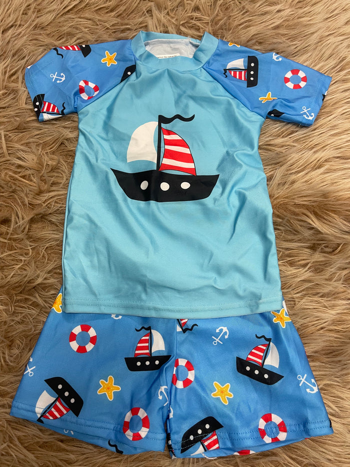 Boy Kids Swimsuit- Blue Sailboat Set