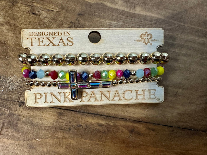 Pink Panache Cluster Bracelets- Gold Disco Balls & Rhinestone Cross