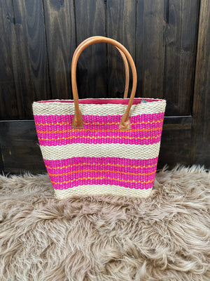 Imperial Sisal Basket Totes- Pink Stripes W/ Waterfall Pompoms