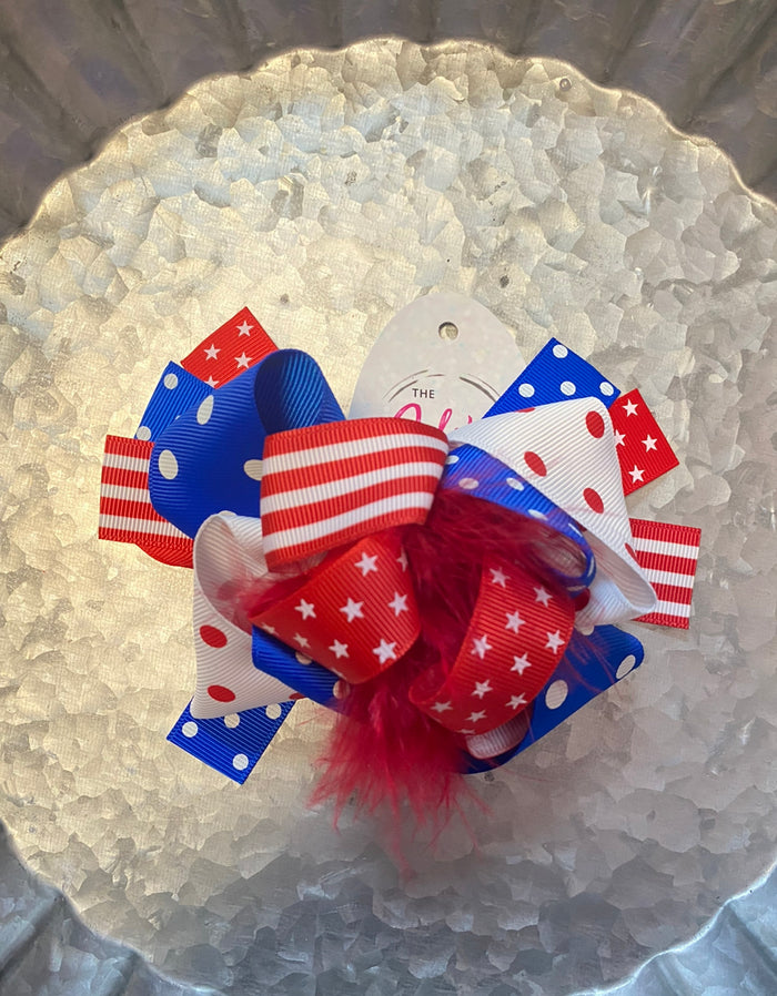 Feather Oversized Bow- Red, White & Blue