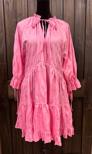 Pink Tiered Ruffle V-Neck Dress