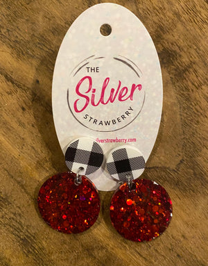 Glossy Acrylic- Red & Black Gingham Double Stud Drop