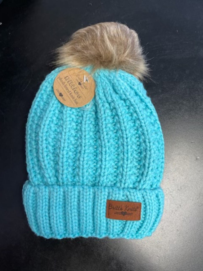 Kids Pom Beanie- Turquoise Knitted