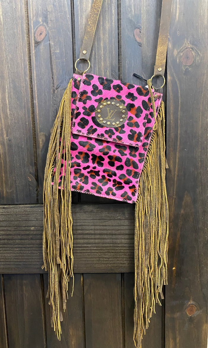 Revamped Cattle Fringe Purse- Pink Cheetah Cowhide